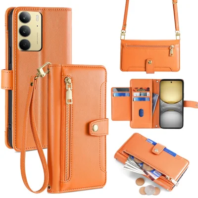For Realme C75 4G / 14x 5G Case Zipper Pocket Wallet Leather Phone Cover with 2 Straps - Orange