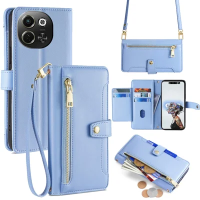 For TECNO Pova 6 Neo 5G / Spark 30 5G Case Zipper Pocket Wallet Leather Phone Cover with 2 Straps - Blue