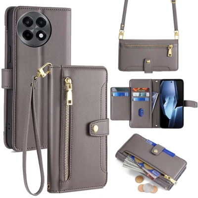 For OnePlus Ace 5 5G / Ace 5 Pro 5G Case Zipper Pocket Wallet Leather Phone Cover with 2 Straps - Grey