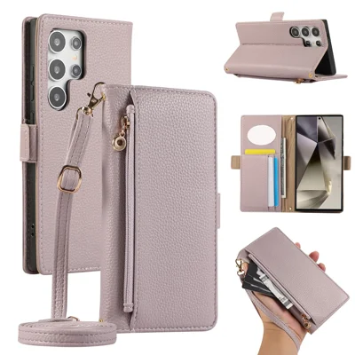 For Samsung Galaxy S25 Ultra Wallet Phone Case Shockproof TPU+PU Leather Flip Cover with Mirror, Strap - Purple