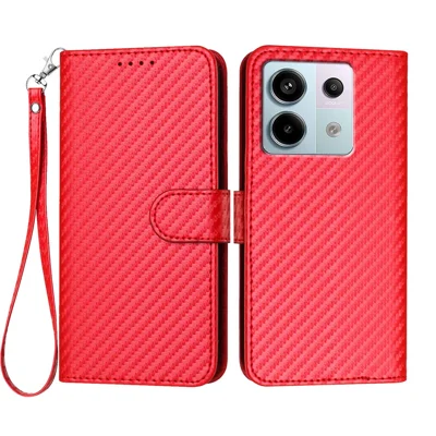 For Xiaomi Poco X6 5G / Xiaomi Redmi Note 13 Pro 5G Wallet Case with Strap Carbon Fiber Texture Leather Mobile Cover - Red