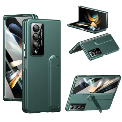 For Samsung Galaxy Z Fold4 5G Case Foldable Kickstand Skin-Touch PC Phone Cover Built In Screen Protector - Dark Green