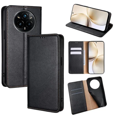 Voor Realme 14 Pro 5G hoesje portemonnee PU leer magnetische automatisch aanhechting telefoonhoes - Zwart