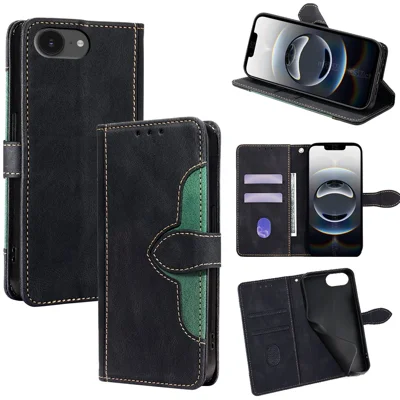 For iPhone 17e / 16e Case Leather Wallet Phone Cover with Straw Hat Magnetic Clasp - Black