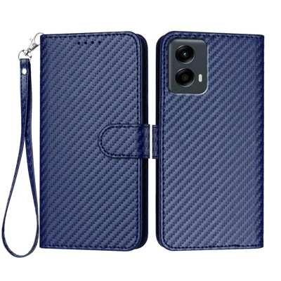 For Motorola Moto G 5G (2024) / Motorola Moto G Play 5G (2024) Wallet Case with Strap Carbon Fiber Texture Leather Mobile Cover - Royal Blue