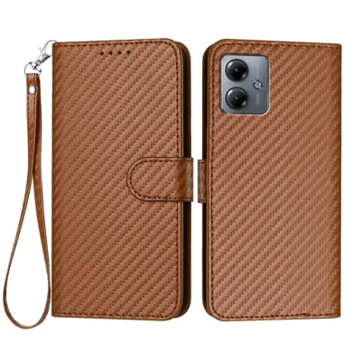 For Motorola Moto G54 5G / Motorola Moto G54 (China) 5G / Motorola Moto G73 5G / Motorola Moto G64 5G / Motorola Moto G64y 5G / Motorola Moto G14 4G Wallet Case with Strap Carbon Fiber Texture Leather Mobile Cover - Coffee