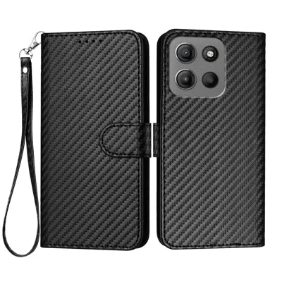For Motorola Moto G17 Power 4G / G17 4G / G15 4G / G15 Power 4G Wallet Case with Strap Carbon Fiber Texture Leather Mobile Cover - Black