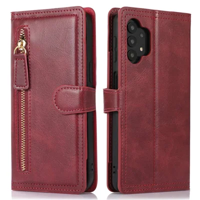For Samsung Galaxy A32 5G / M32 5G PU Leather Magnetic Buckle Phone Cover Wear-resistant Zipper Pocket Phone Case Wallet Stand - Red