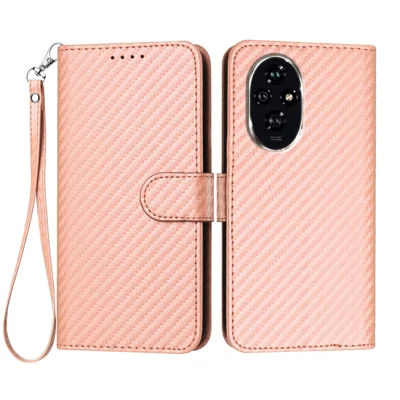 For Honor 200 5G Wallet Case with Strap Carbon Fiber Texture Leather Mobile Cover - Pink