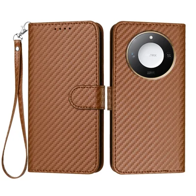 For Honor X60 5G / Honor X9c Smart 5G Wallet Case with Strap Carbon Fiber Texture Leather Mobile Cover - Coffee