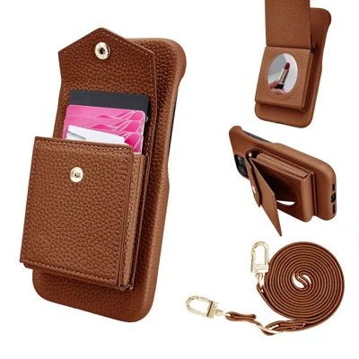 For iPhone 16 Pro Max Case Litchi Textured PU + TPU Phone Cover with Card Holder, Strap - Brown