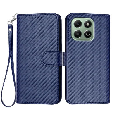 For Honor X6b 4G / Honor X6a 4G Wallet Case with Strap Carbon Fiber Texture Leather Mobile Cover - Royal Blue