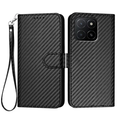 Etui portfelowe z paskiem na telefon do Honor X5b Plus / Honor X5b, z teksturą węglową, skórzane etui - Czarny