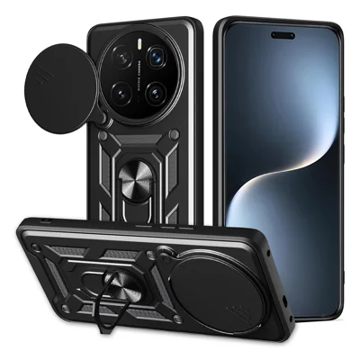 For Honor Magic7 Pro 5G Case with Slide Camera Lid PC + TPU Kickstand Phone Cover - Black
