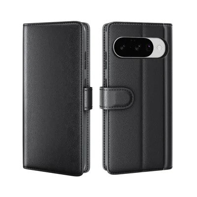 For Google Pixel 11 / Pixel 10 Pro / Pixel 10 Case Genuine Split Leather Phone Cover with Wallet Stand - Black