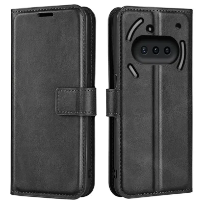 For Nothing Phone (3a) Stand Case Anti-Scratch Calf Texture Leather Phone Cover - Black