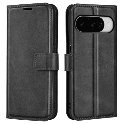 For Google Pixel 10 Stand Case Anti-Scratch Calf Texture Leather Phone Cover - Black