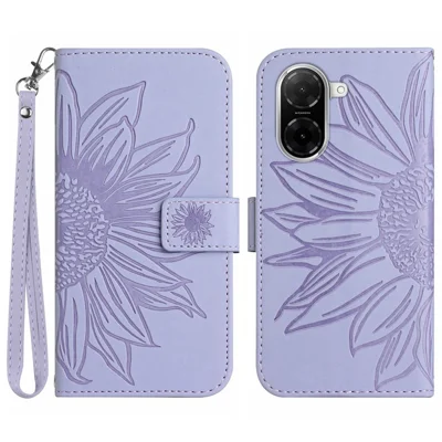 For Xiaomi Redmi A5 4G (171.7mm) / Poco C71 4G Case Sunflower Imprint Leather Wallet Phone Cover with Wrist Strap - Light Purple