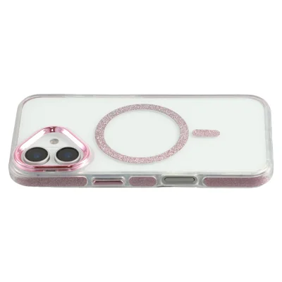 For iPhone 16 Magnetic Case Glitter Edge TPU + PC Clear Back Phone Cover - Pink