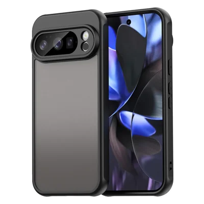For Google Pixel 10 Pro Case Drop Proof Airbags Frosted Translucent PC + TPU Phone Back Cover - Black