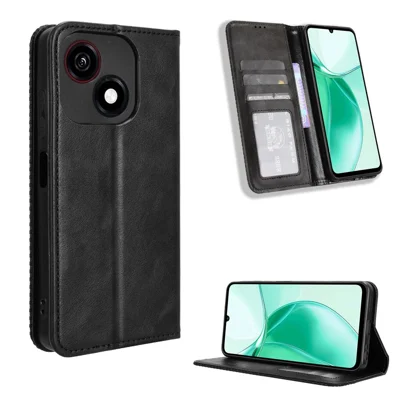 For ZTE Blade A35e (EU) Retro PU Leather Case Phone Wallet Stand Cover - Black