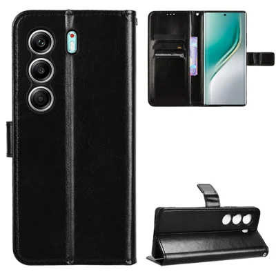 For TECNO Camon 40 Pro 4G / Camon 40 Pro 5G CM6 / CM7 PU Leather Case with Strap Crazy Horse Texture Phone Wallet Cover - Black