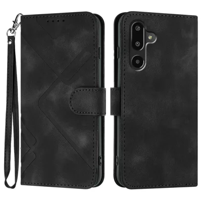 Til Samsung Galaxy M16 5G / Galaxy F16 5G tegnebogstilfælde med linjepræget PU-læderdæksel med rem - Sort