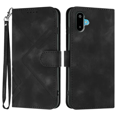 For Samsung Galaxy M06 5G / Galaxy F06 5G Wallet Case Line Imprinted PU Leather Phone Cover with Strap - Black