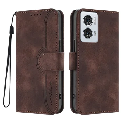 For Motorola Moto G85 5G / Motorola Edge 50 Fusion 5G Leather Case Wallet Stand Smile Imprinted Phone Cover with Strap - Coffee