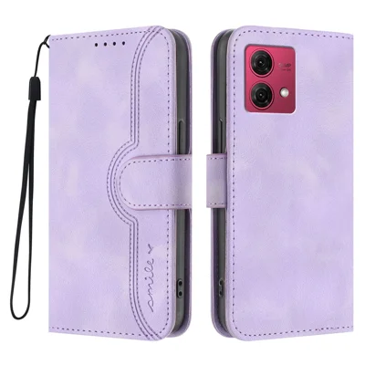 For Motorola Moto G84 5G Leather Case Wallet Stand Smile Imprinted Phone Cover with Strap - Purple