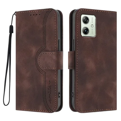 For Motorola Moto G54 Power 5G Leather Case Wallet Stand Smile Imprinted Phone Cover with Strap - Coffee