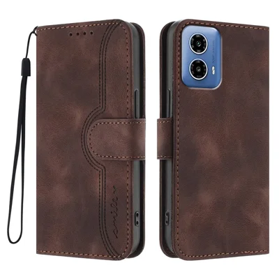 For Motorola Moto G45 5G / Motorola Moto G34 5G Leather Case Wallet Stand Smile Imprinted Phone Cover with Strap - Coffee