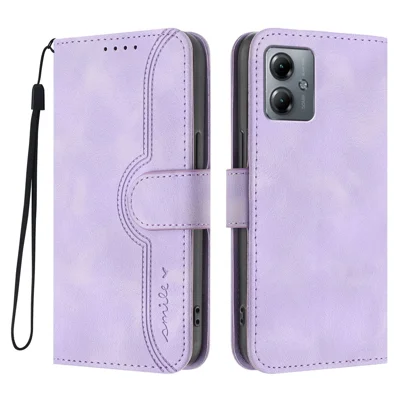 For Motorola Moto G14 4G / Motorola Moto G54 (China) 5G / Motorola Moto G64 5G / Motorola Moto G64y 5G / Motorola Moto G54 5G Leather Case Wallet Stand Smile Imprinted Phone Cover with Strap - Purple