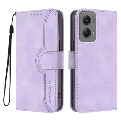 For Motorola Moto G Stylus 5G (2024) Leather Case Wallet Stand Smile Imprinted Phone Cover with Strap - Purple