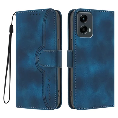 For Motorola Moto G Play 5G (2024) / Motorola Moto G 5G (2024) Leather Case Wallet Stand Smile Imprinted Phone Cover with Strap - Royal Blue