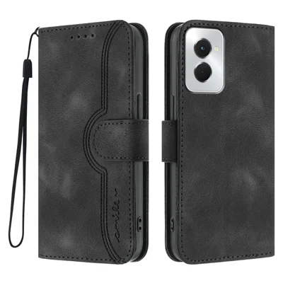 For Motorola Moto G Power (2024) Leather Case Wallet Stand Smile Imprinted Phone Cover with Strap - Black