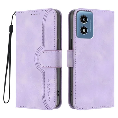 For Motorola Moto G Play (2024) 4G Leather Case Wallet Stand Smile Imprinted Phone Cover with Strap - Purple
