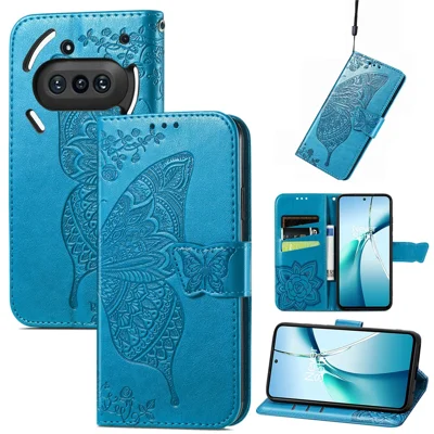 For Nothing Phone (3a) Case with Strap Butterfly Pattern PU Leather Wallet Phone Cover - Blue