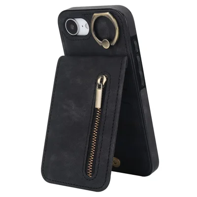 For iPhone 16e Hoesje met Rits RFID-blokkering Retro Leren + TPU Telefoonhoes met Standaard - Zwart