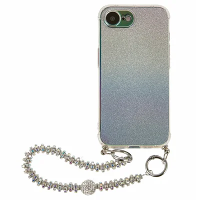 For iPhone 16e Hoesje Gradiënt Glitter TPU Beschermhoes met Polsbandje - Blauw