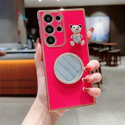 For Samsung Galaxy S24 Ultra Case Love Heart Pattern Electroplated TPU Phone Cover with Small Bear and Mirror - Rose