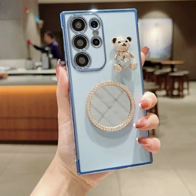 For Samsung Galaxy S25 Ultra Case Love Heart Pattern Electroplated TPU Phone Cover with Small Bear and Mirror - Blue