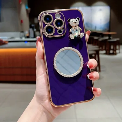 For iPhone 16 Pro Case Love Heart Pattern Electroplated TPU Phone Cover with Small Bear and Mirror - Dark Purple