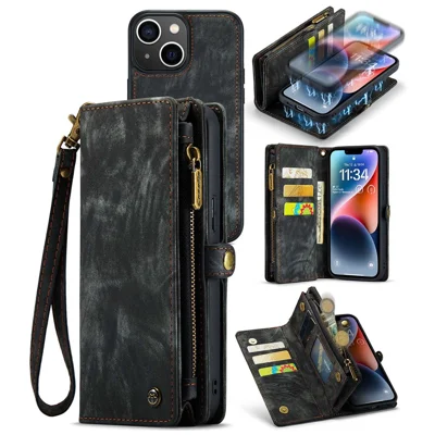 CASEME 008 Serie per iPhone 14 PU Custodia in pelle con cerniera Tasca Staccabile Magnetica Custodia Wallet Stand Multifunzione con Cinturino - Nero