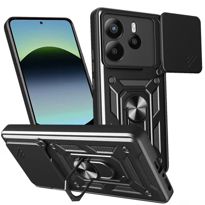 For Xiaomi Redmi Note 14 4G (164.84mm) Case with Slide Camera Lid PC + TPU Kickstand Phone Cover - Black
