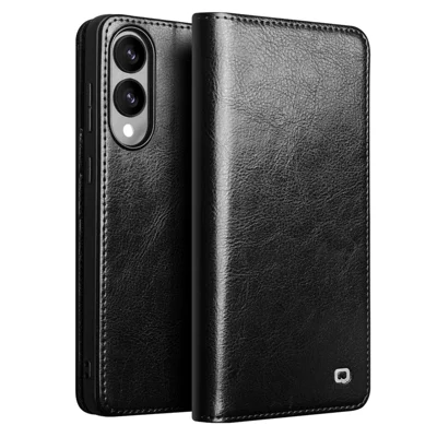 QIALINO For Samsung Galaxy S25 Edge Case Wallet Stand Genuine Cow Leather Phone Cover - Black