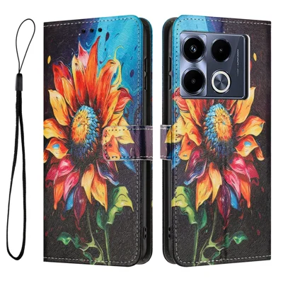 YX-2501 Leather Case For Infinix Note 40 Pro+  /  Note 40 Pro 5G  /  4G Pattern Printing Wallet Phone Cover with Lanyard - Sunflower