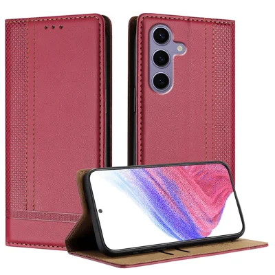 For Samsung Galaxy S24 FE Case L-Shaped Grid Pattern Leather Stand Phone Cover with Card Slots - Red