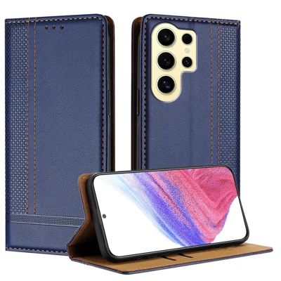For Samsung Galaxy S24 Ultra Case L-Shaped Grid Pattern Leather Stand Phone Cover with Card Slots - Blue
