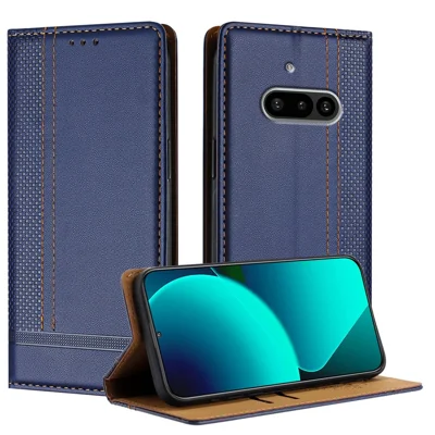 For Nothing Phone (3a) Case L-Shaped Grid Pattern Leather Stand Phone Cover with Card Slots - Blue
